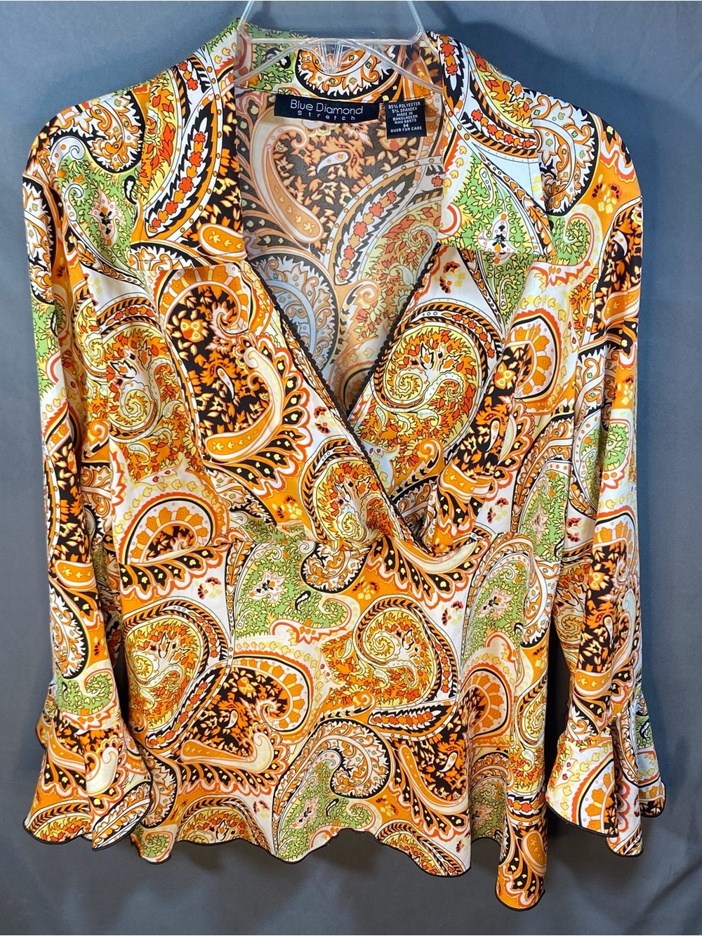 Blue Diamond Faux Wrap Babydoll Bodice Top M Orange Green Paisley Fairy Y2K